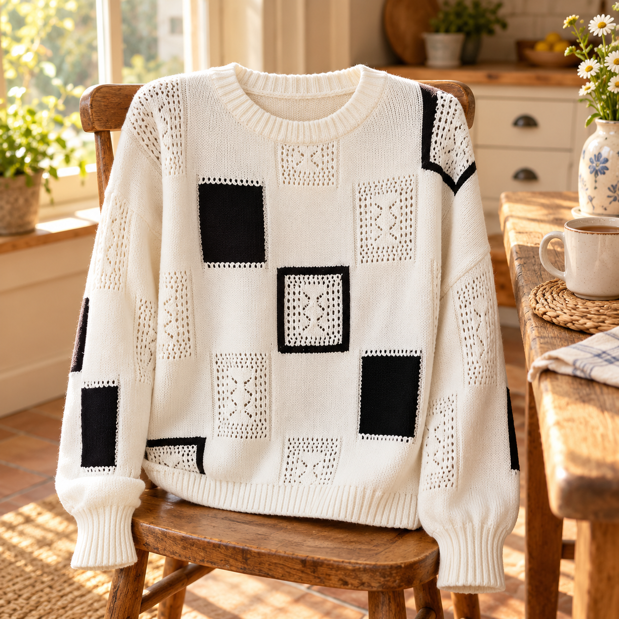 White Alica sweater draped over a wooden kitchen chair beside a cup of tea.