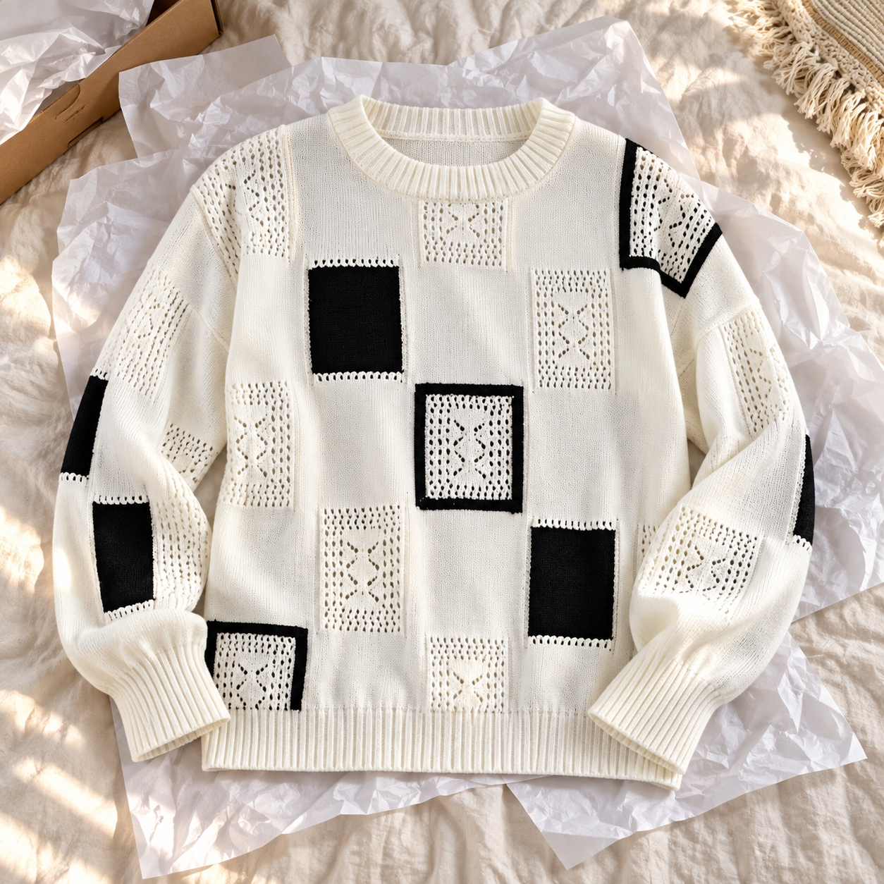 Alica white patterned sweater laid on light bed linen with opened tissue paper.