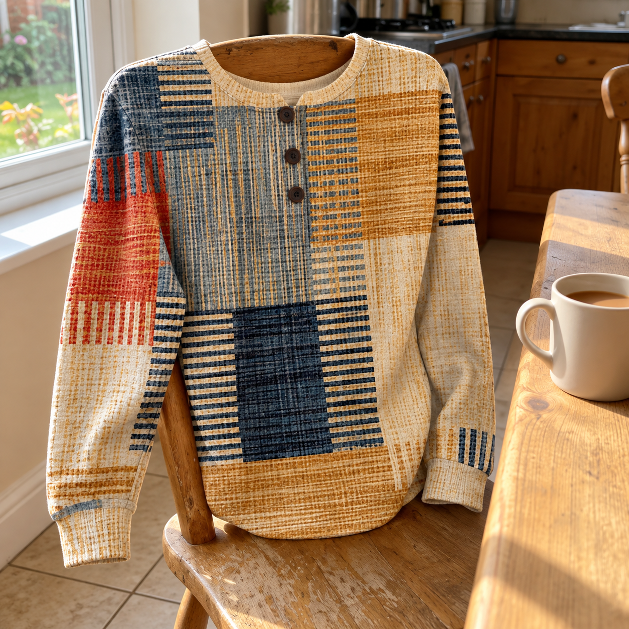 Thea draped over a wooden kitchen chair beside a cup of tea.