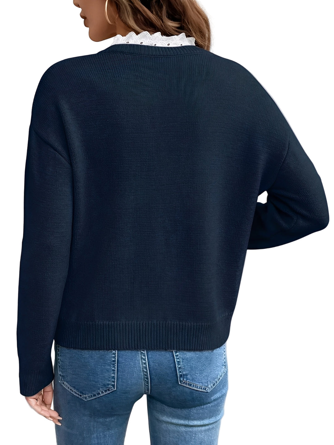 Celine - Chic Knit Sweater with Elegant Lace Collar