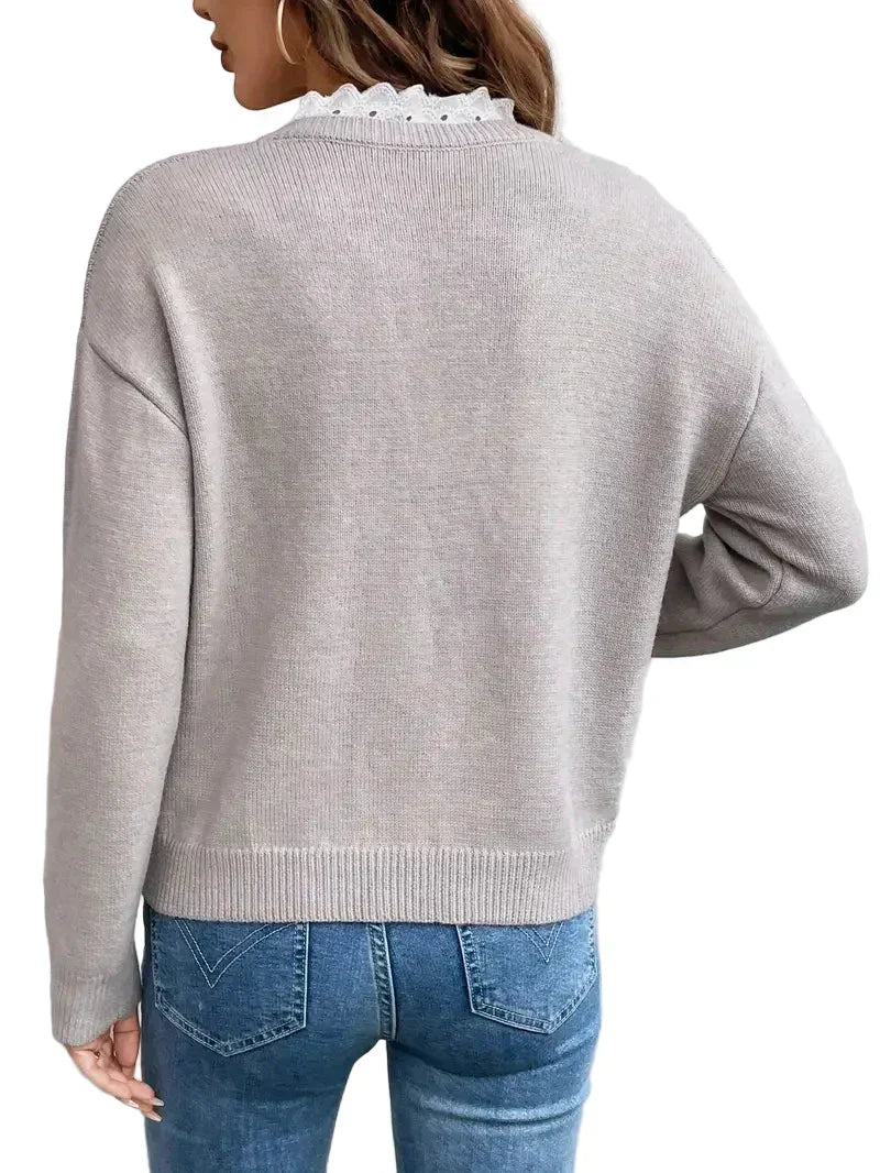 Celine - Chic Knit Sweater with Elegant Lace Collar