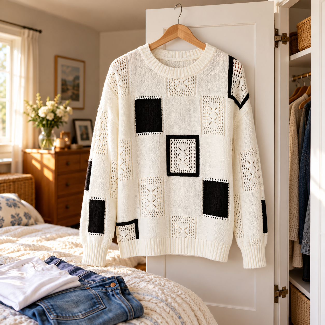 White Alica sweater with black square details hanging on an open wardrobe door beside jeans and a white tee.