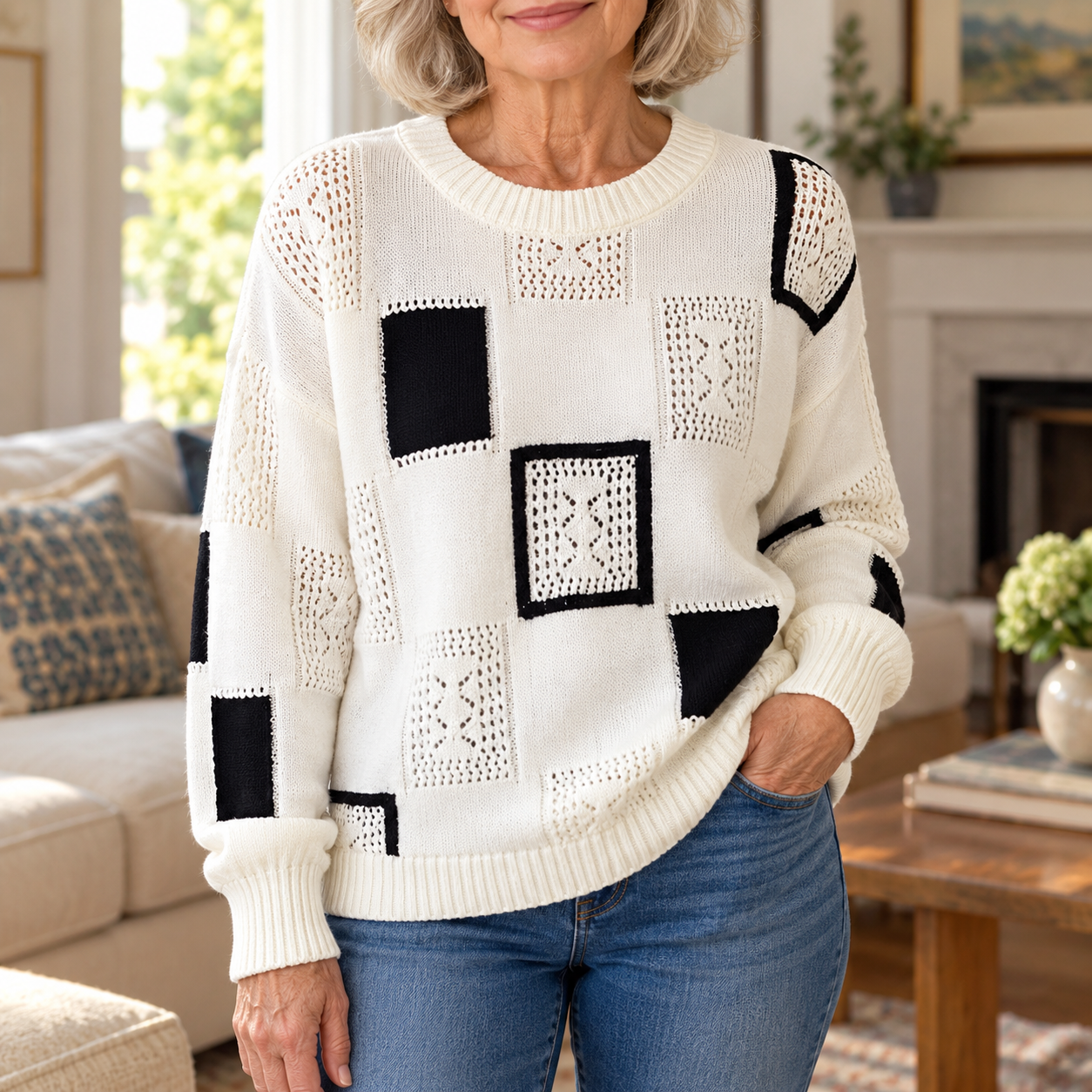 A woman in her sixties wearing the white Alica sweater with blue jeans at home.