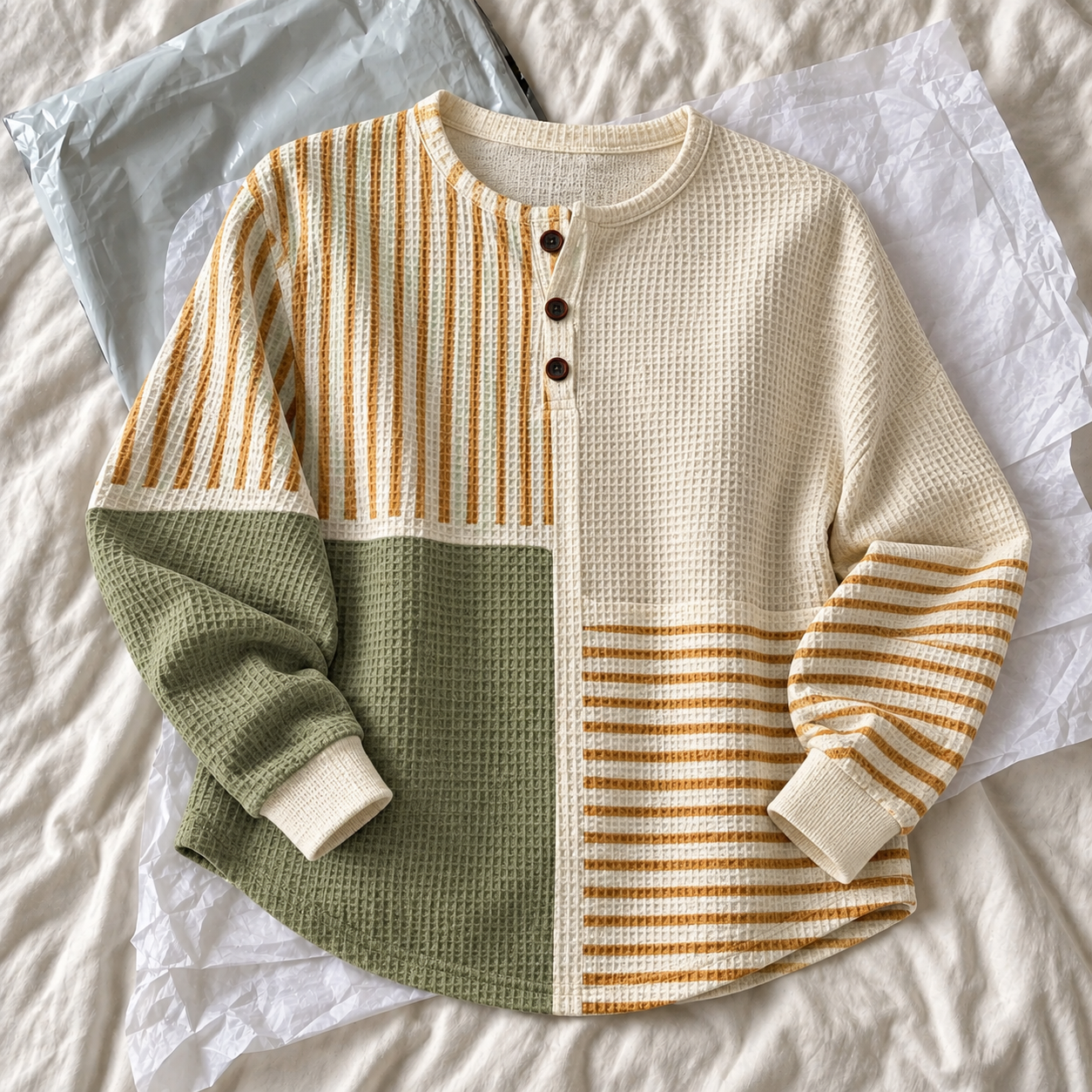 Luna sweatshirt laid on ivory bed linen and tissue paper.