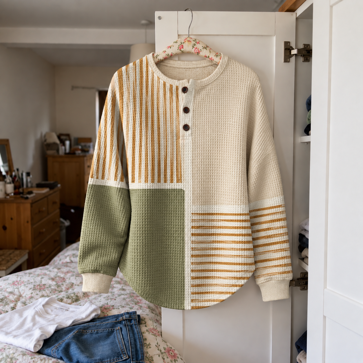 Luna patterned sweatshirt hanging beside an outfit of jeans and a white tee.