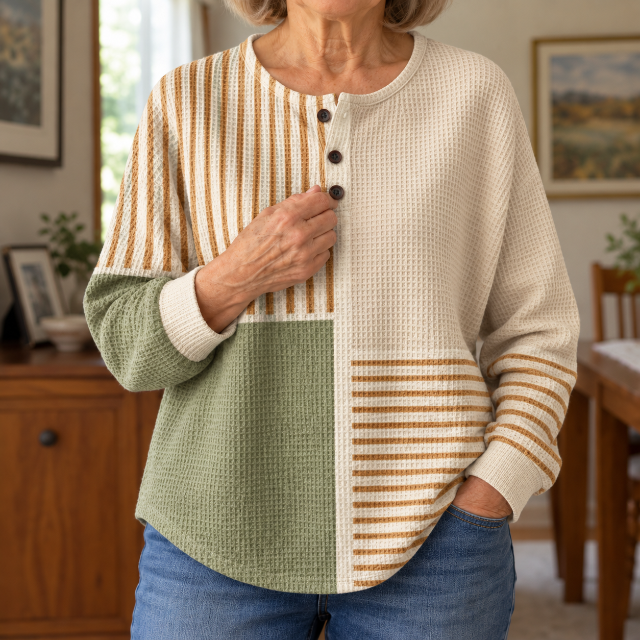 An older woman wearing Luna with blue jeans in a cosy home.