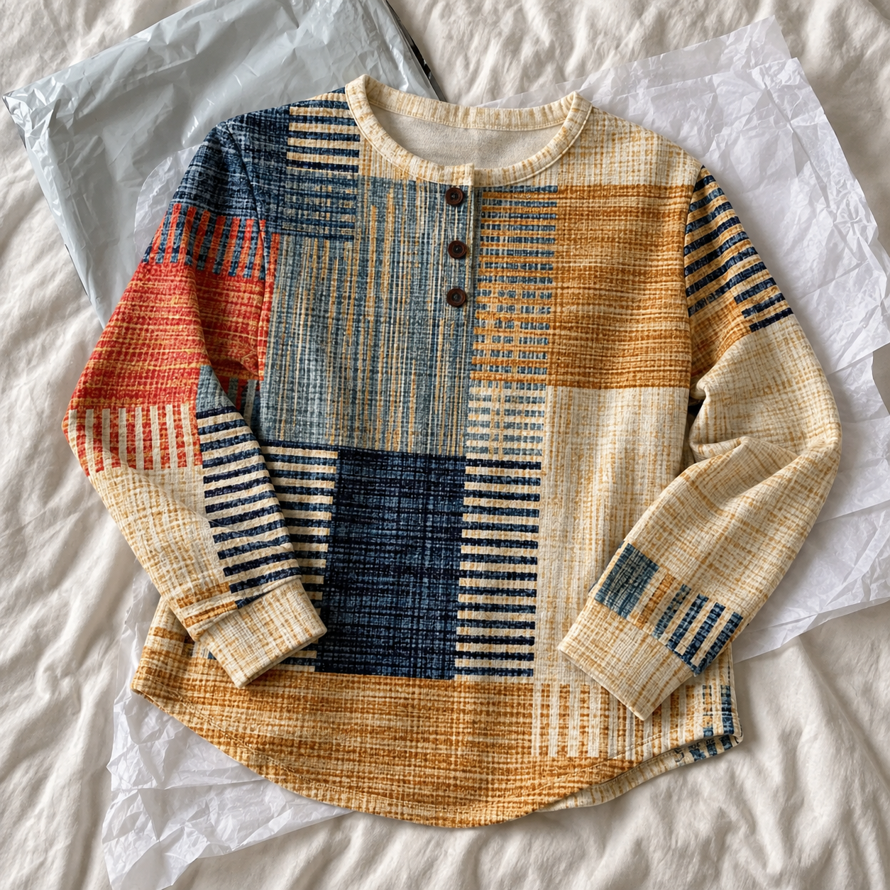 Thea sweatshirt laid on ivory bed linen and tissue paper.