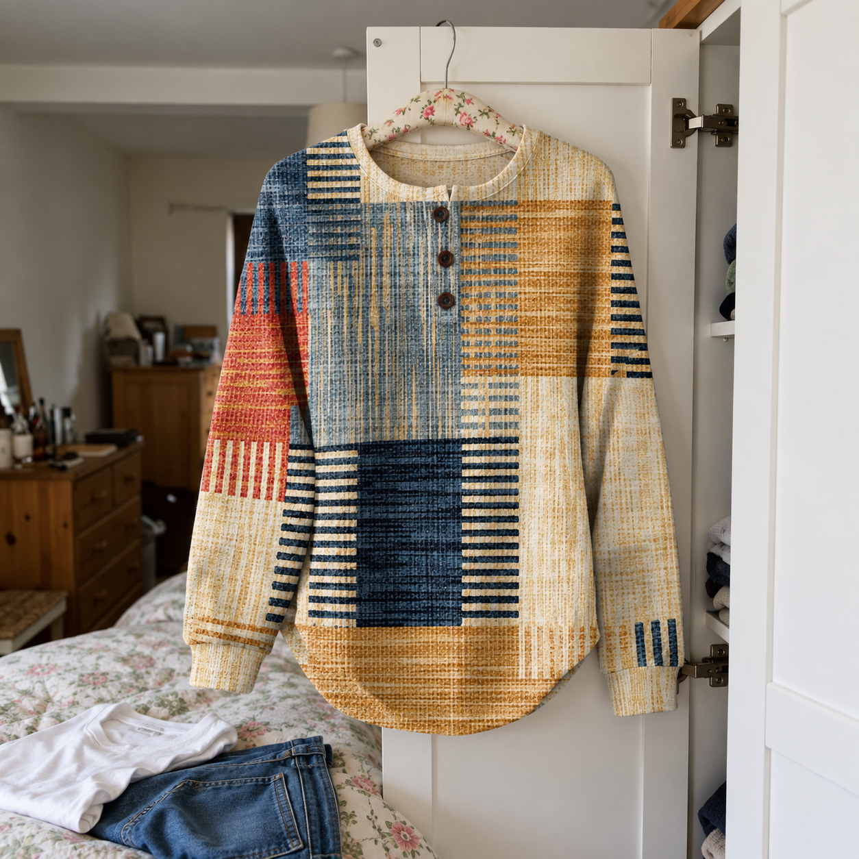 Thea patterned sweatshirt hanging beside an outfit of jeans and a white tee.
