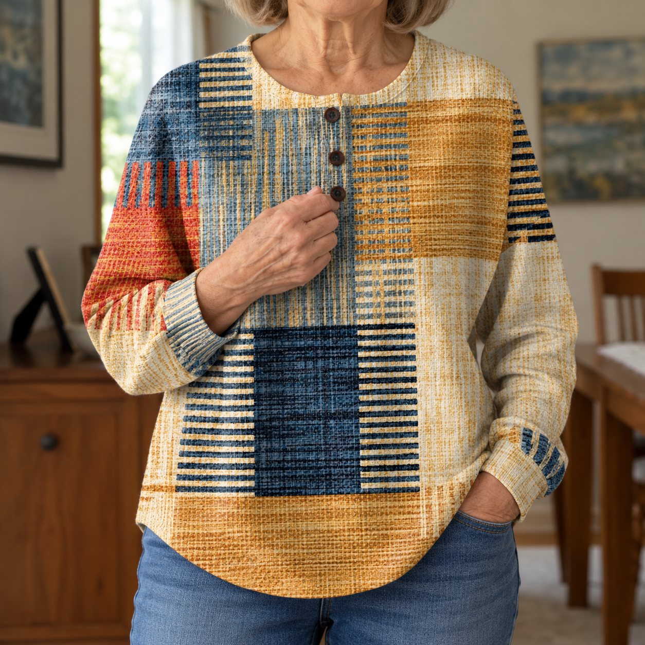 An older woman wearing Thea with blue jeans in a cosy home.
